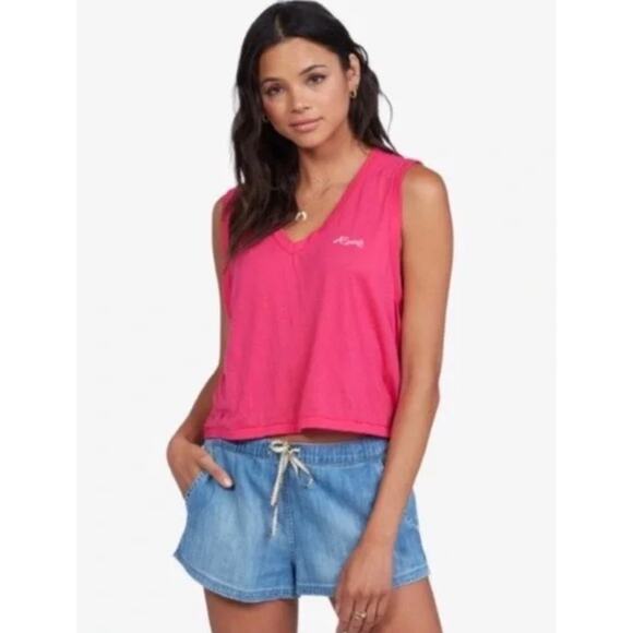 Roxy Women's Ocean Sweet Deep V-Neck Cropped Tee T-Shirt Tank Top in Hot Pink - Picture 2 of 7